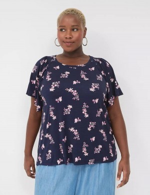 Pink Navy Lane Bryant Flutter-Sleeve Smocked Top Women T Shirts | FOB9476XU