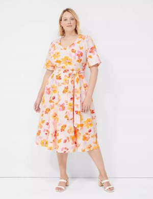 Pink Orange Lane Bryant Lena V-Neck Level-Hem Women Midi Dress | HXD4199RP