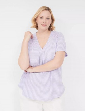 Purple Stripes Lane Bryant Short-Sleeve V-Neck Top Women T Shirts | WHS3361CG