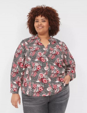 Red Black Lane Bryant Gathered Ruffle V-Neck Popover Women Shirts | PYZ9032TM