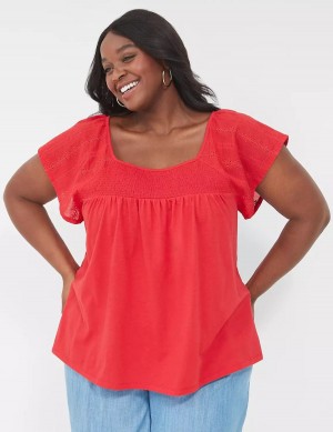 Red Lane Bryant Relaxed Eyelet-Sleeve Smocked-Neck Top Women T Shirts | PEQ1451DS