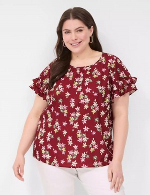 Red Multicolor Lane Bryant Flutter-Sleeve Crew-Neck Top Women T Shirts | RQA1466CI