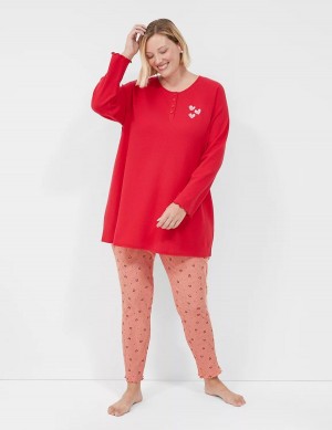 Red Multicolor Lane Bryant Thermal Cotton Lettuce-Edge Henley Tee & Legging PJ Set Women Pajamas | GDL7349OL