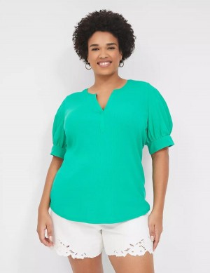 Turquoise Lane Bryant Elbow-Sleeve Split-Neck Top Women T Shirts | KVE8222TL