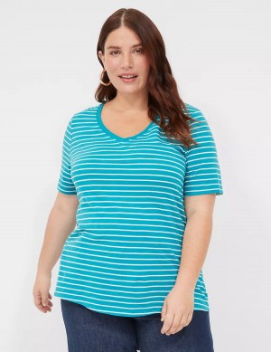 Turquoise Stripes Lane Bryant Perfect Sleeve V-Neck Tee Women T Shirts | WPV10010NI