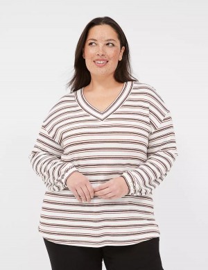 White Black Stripes Lane Bryant Lurex Blouson-Sleeve V-Neck Tunic Women T Shirts | FIP3456TN