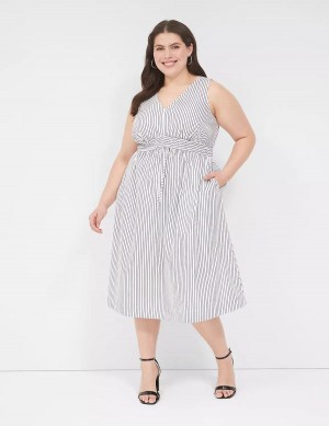 White Black Stripes Lane Bryant V-Neck Elastic-Waist Women Midi Dress | ENI6060OS