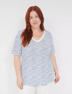 White Blue Lane Bryant Perfect Sleeve V-Neck Tee Women T Shirts | QZJ6628GN