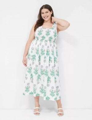 White Green Lane Bryant Smocked-Bodice Women Midi Dress | NDV4949MF