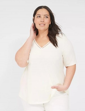 White Lane Bryant Perfect Sleeve V-Neck Trim-Detail Tee Women T Shirts | YER1824UR