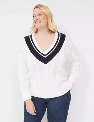 White Lane Bryant V-Neck Cable Pullover Women Sweaters | GOS7888MG