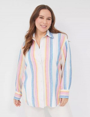 White Multicolor Stripes Lane Bryant Relaxed Linen Button-Down Women Shirts | LEU9793FV