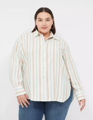 White Multicolor Stripes Lane Bryant Relaxed Linen Button-Down Women Shirts | ZAB4381UU