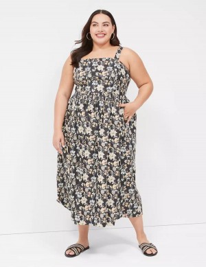 Yellow Black Lane Bryant Smocked-Back Pleated Women Midi Dress | ATB3337BJ