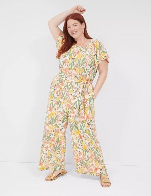 Yellow Multicolor Lane Bryant Flutter-Sleeve Smocked-Neck Wide Leg Women Jumpsuit | TMD479OD