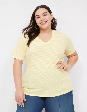 Yellow Stripes Lane Bryant Perfect Sleeve V-Neck Tee Women T Shirts | WNC6414MO