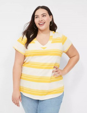 Yellow Stripes Lane Bryant Short Sleeve V-Neck Top Women T Shirts | PUD6011YZ