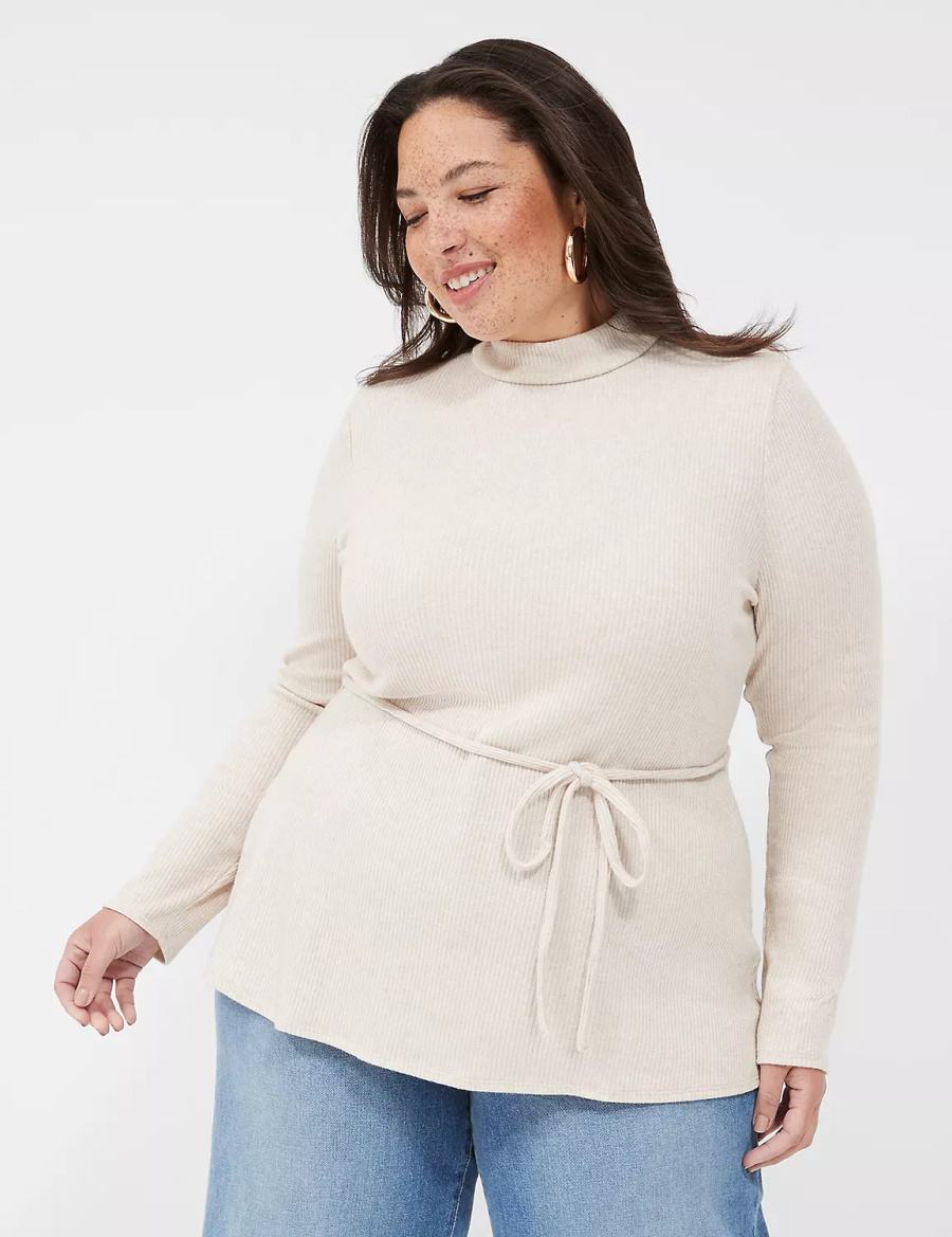 Beige Lane Bryant Lurex Mock-Neck Tie-Waist Top Women Sweaters | BHN6393MF