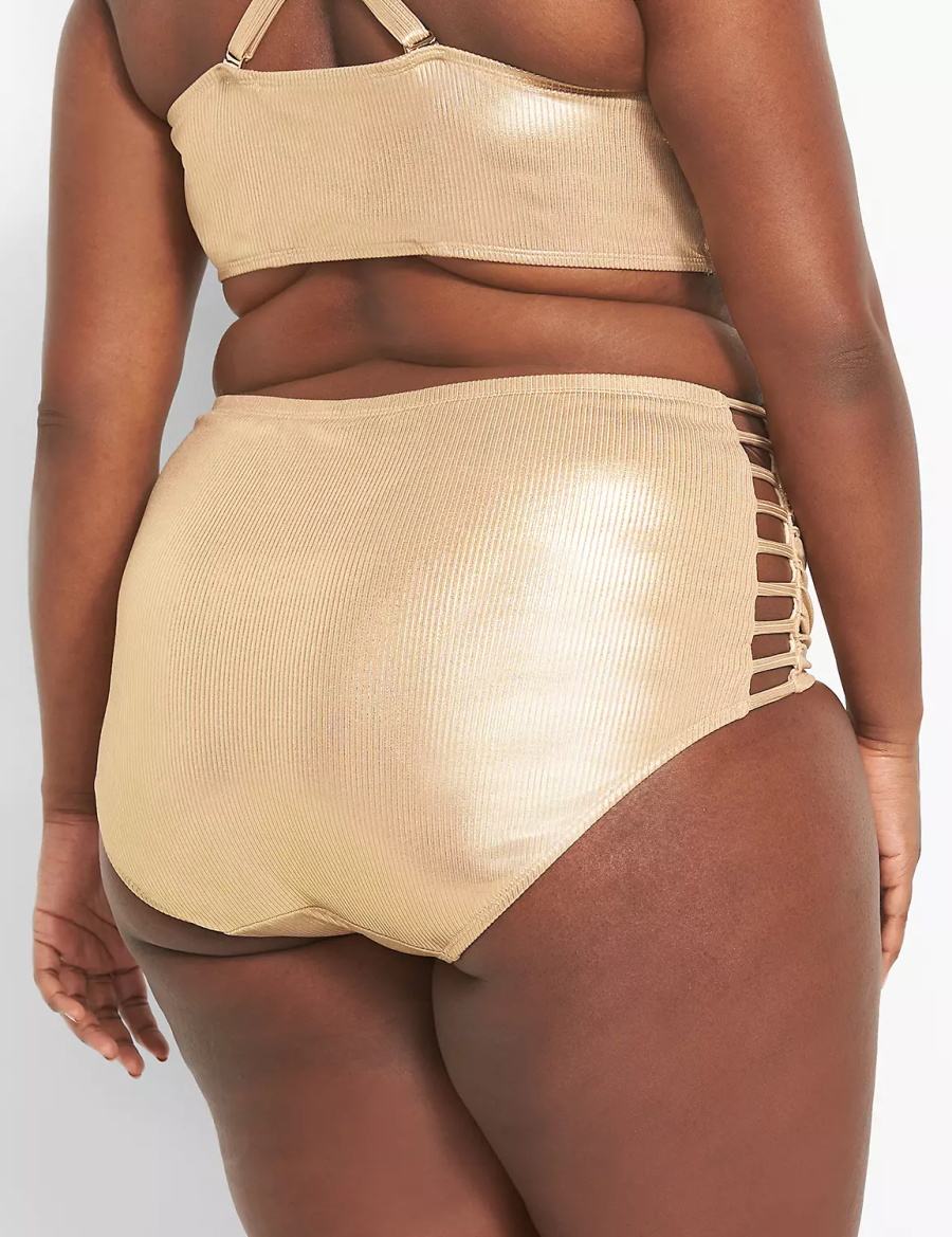 Beige Lane Bryant Ribbed Ruched Strappy-Side Swim Women Briefs | KRD9750AF