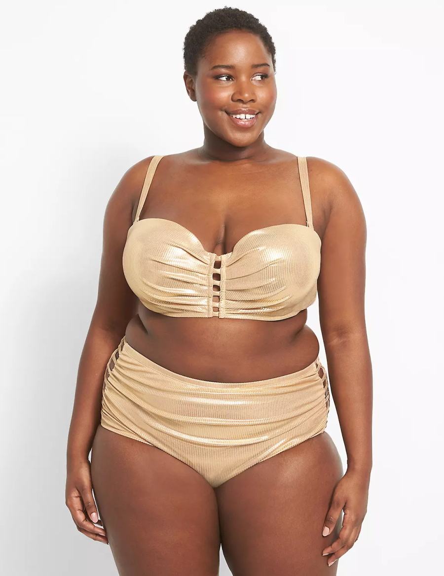 Beige Lane Bryant Ribbed Ruched Strappy-Side Swim Women Briefs | KRD9750AF