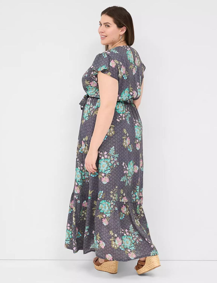 Black Green Lane Bryant Flutter-Sleeve Surplice-Neck Women Maxi Dress | BMI2267OJ