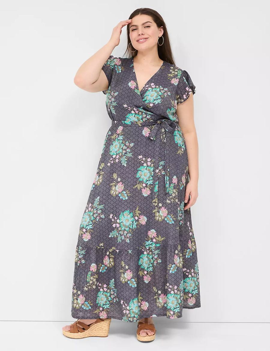 Black Green Lane Bryant Flutter-Sleeve Surplice-Neck Women Maxi Dress | BMI2267OJ