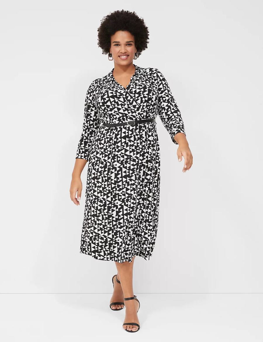 Black Lane Bryant 3/4-Sleeve Collar Faux-Wrap Jersey Women Midi Dress | HWN2016PU