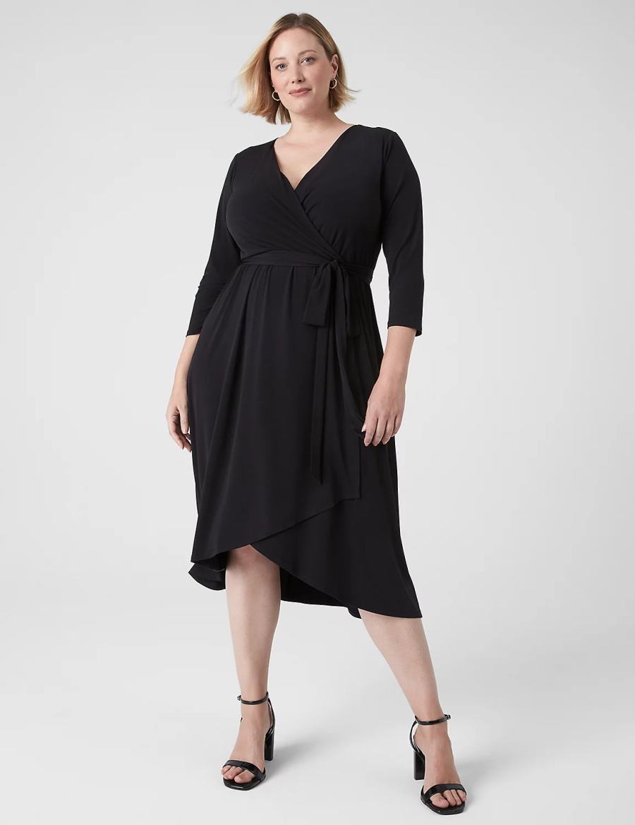 Black Lane Bryant 3/4-Sleeve High-Low Jersey Women Midi Dress | ZAZ712JH