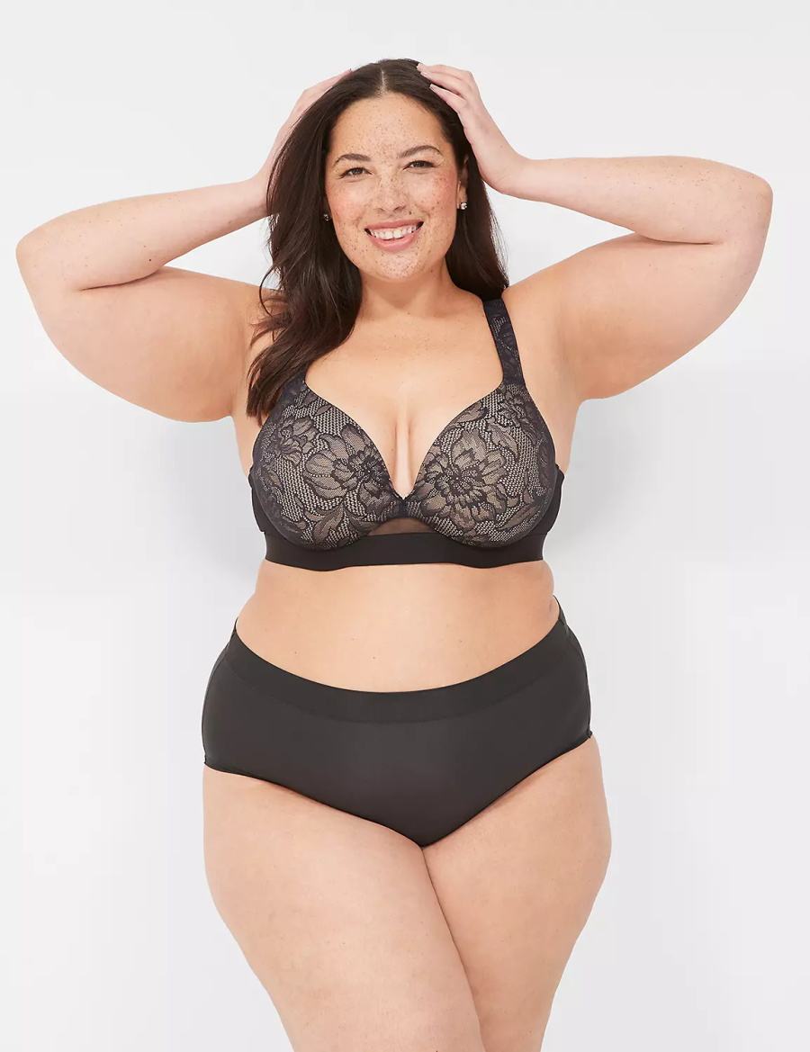 Black Lane Bryant Comfort Bliss Lightly Lined Plunge With Lace Women Bralettes | OSF5663LD