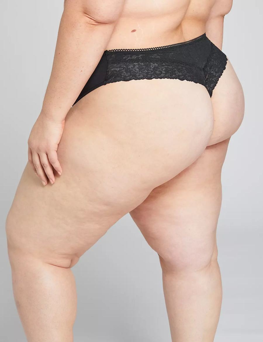 Black Lane Bryant Cotton With Lace Back Women Thong Panty | JUQ6395TY