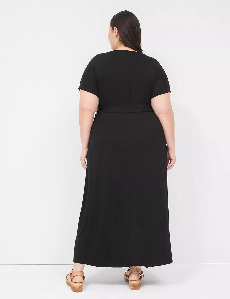 Black Lane Bryant Crew-Neck Faux-Wrap Jersey Women Midi Dress | HZI3511PQ