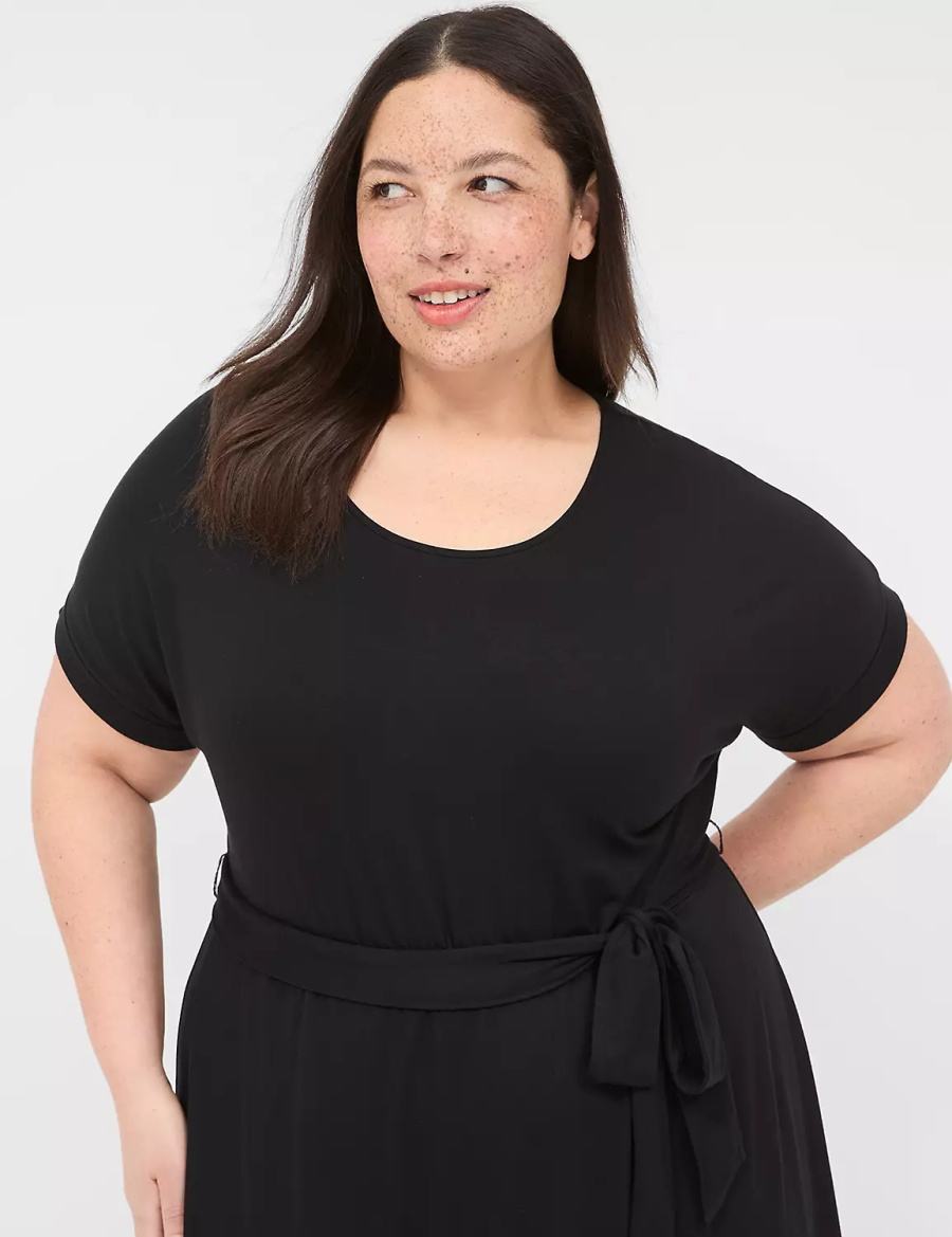 Black Lane Bryant Crew-Neck Faux-Wrap Jersey Women Midi Dress | HZI3511PQ