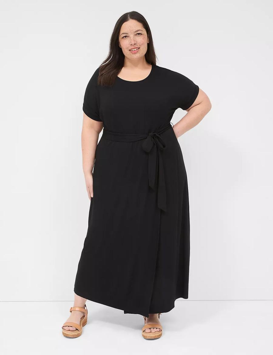 Black Lane Bryant Crew-Neck Faux-Wrap Jersey Women Midi Dress | HZI3511PQ