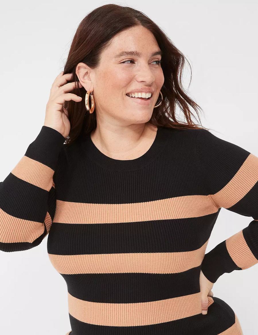 Black Lane Bryant Crew-Neck Stripe Sweater Women Knitted Dress | SGV699DB