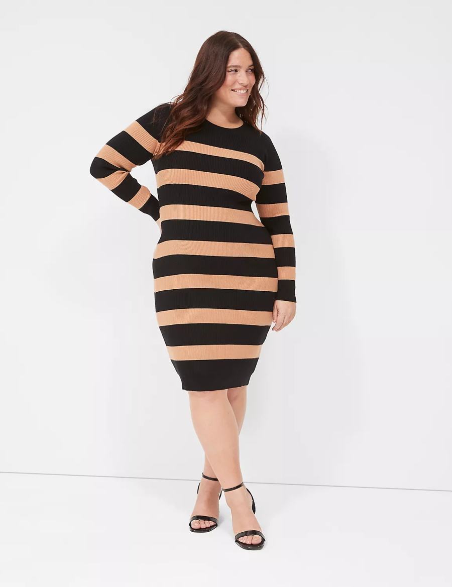 Black Lane Bryant Crew-Neck Stripe Sweater Women Knitted Dress | SGV699DB