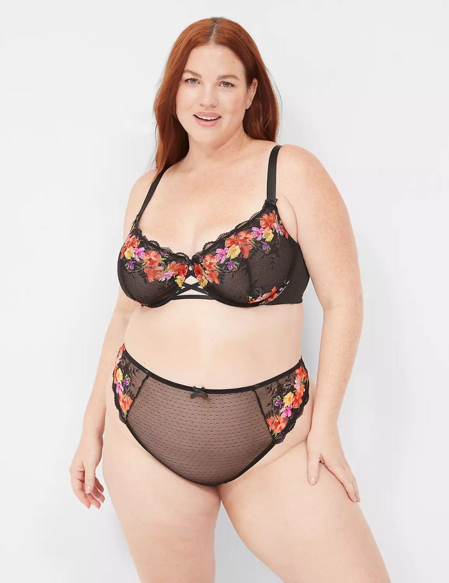 Black Lane Bryant Digital Print Lace High-Leg Women Thong Panty | PAY8117BM