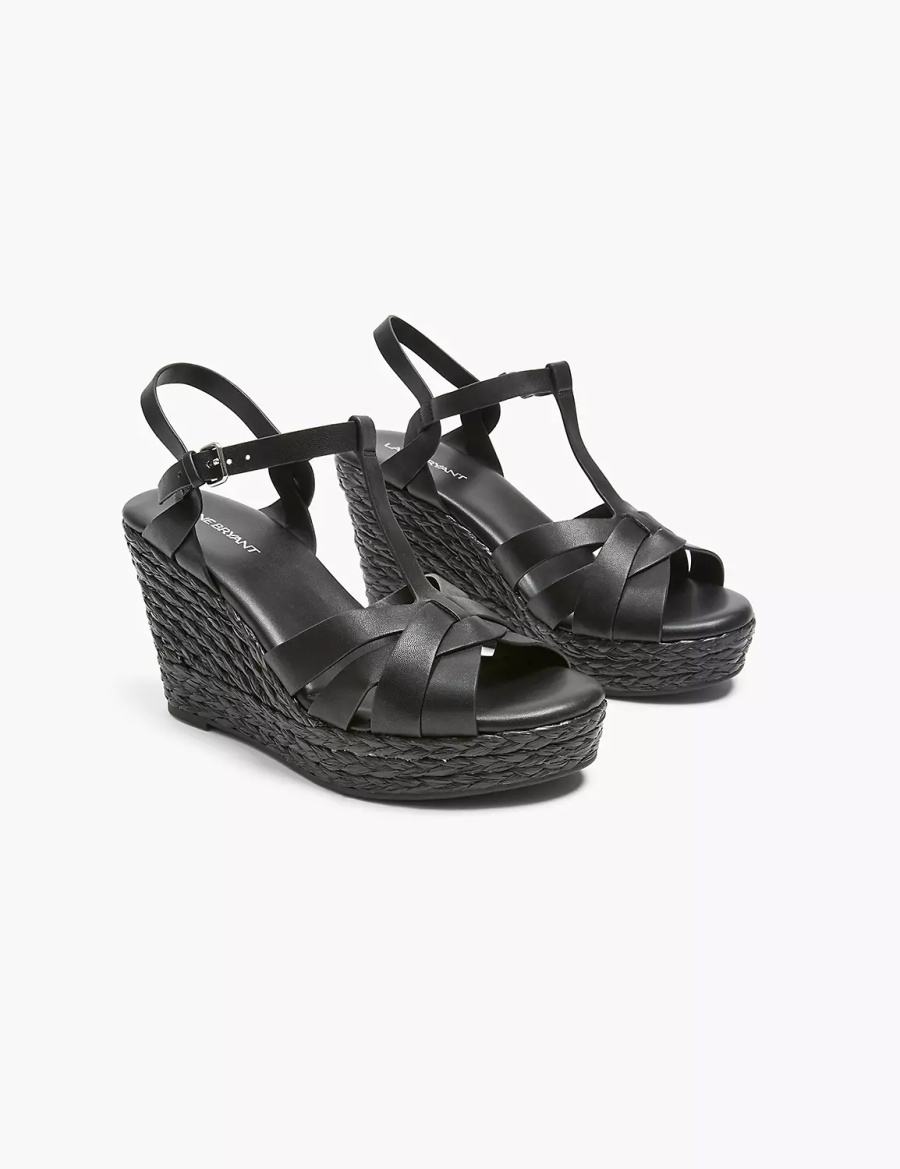 Black Lane Bryant Dream Cloud Faux-Leather T-Strap Espadrille Women Wedge Sandals | CXJ844HU