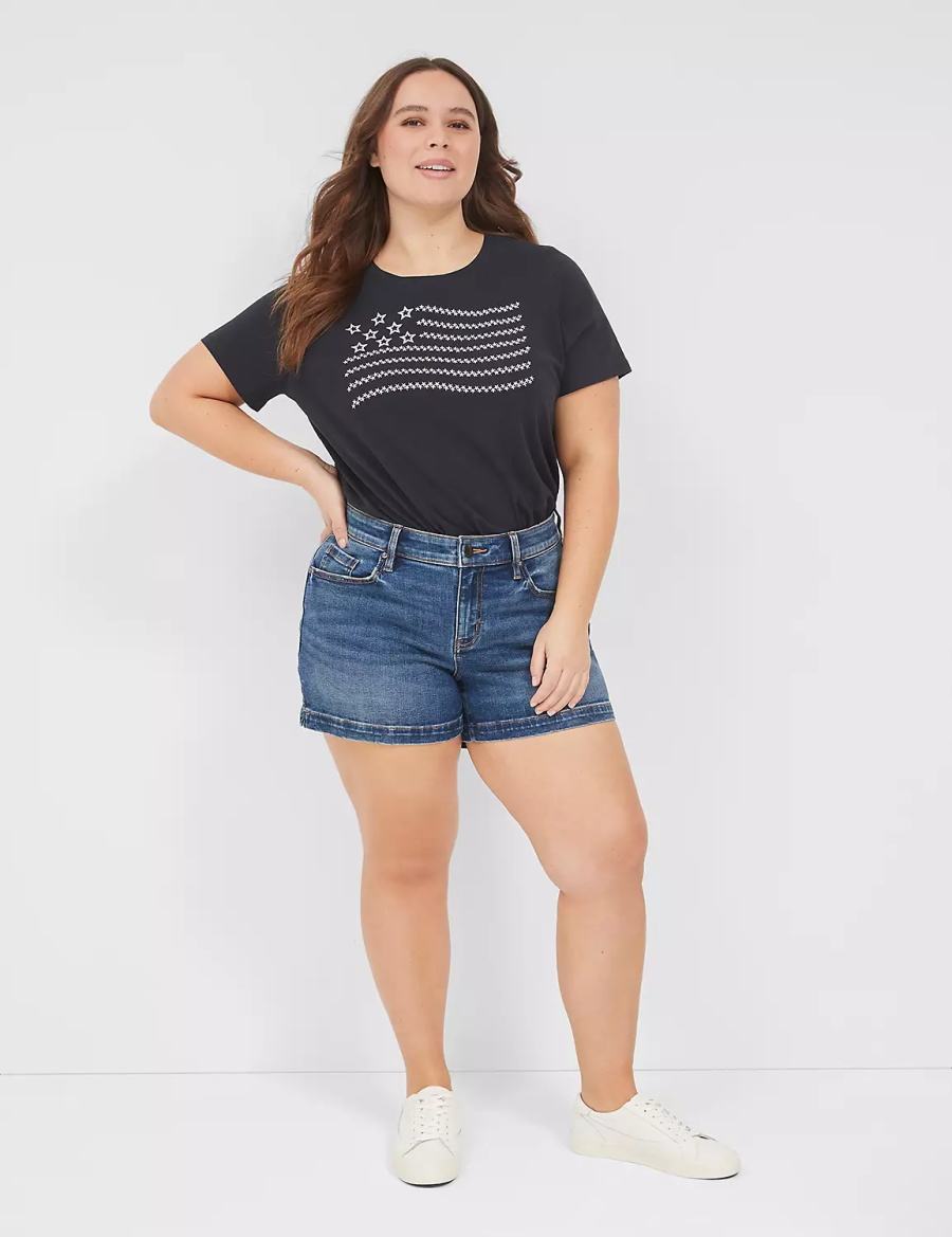 Black Lane Bryant Embroidered Flag Graphic Tee Women T Shirts | EVT5095QZ