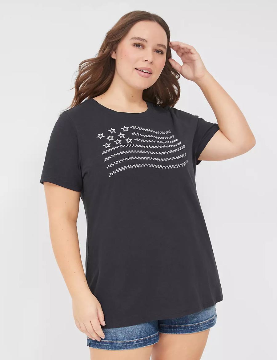 Black Lane Bryant Embroidered Flag Graphic Tee Women T Shirts | EVT5095QZ