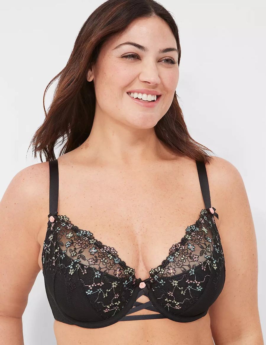 Black Lane Bryant Embroidered French Women Balconette Bra | KSD3762RW