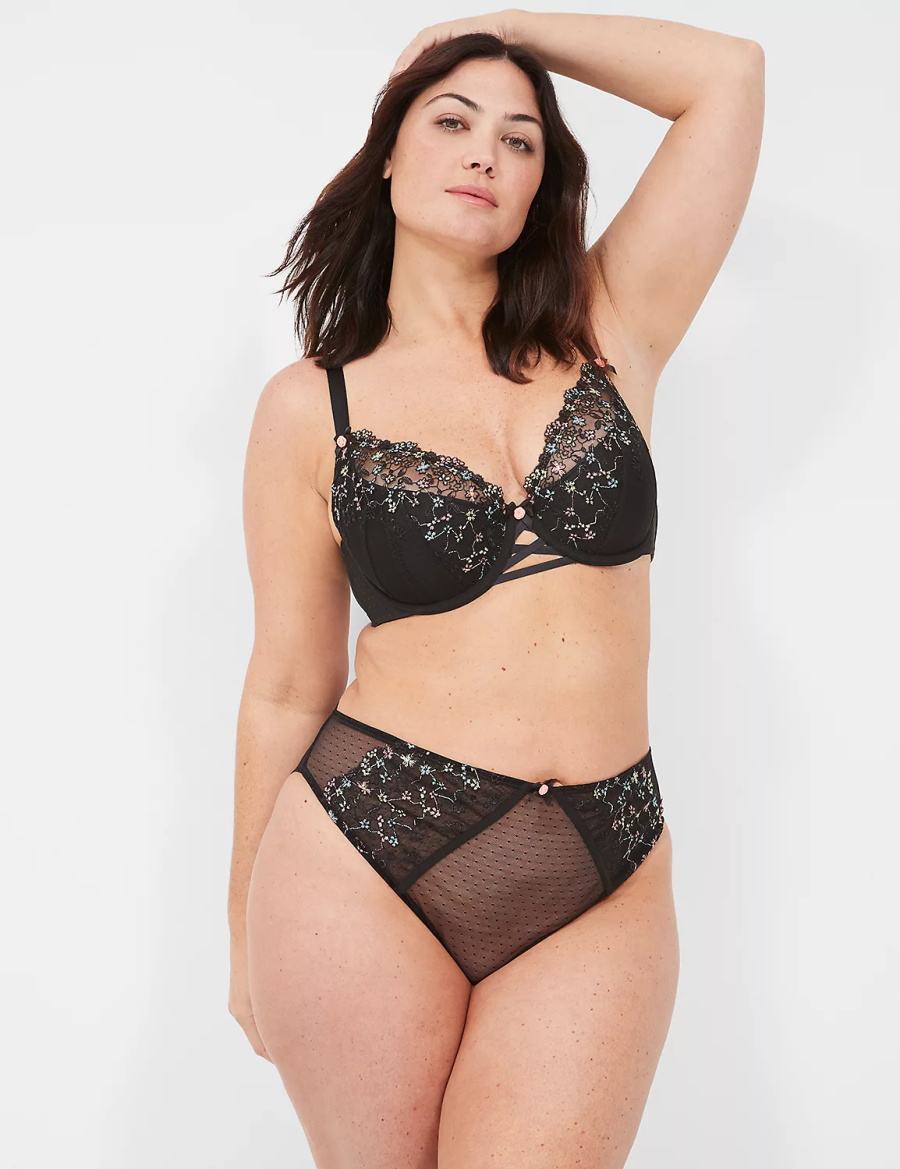 Black Lane Bryant Embroidered French Women Balconette Bra | KSD3762RW