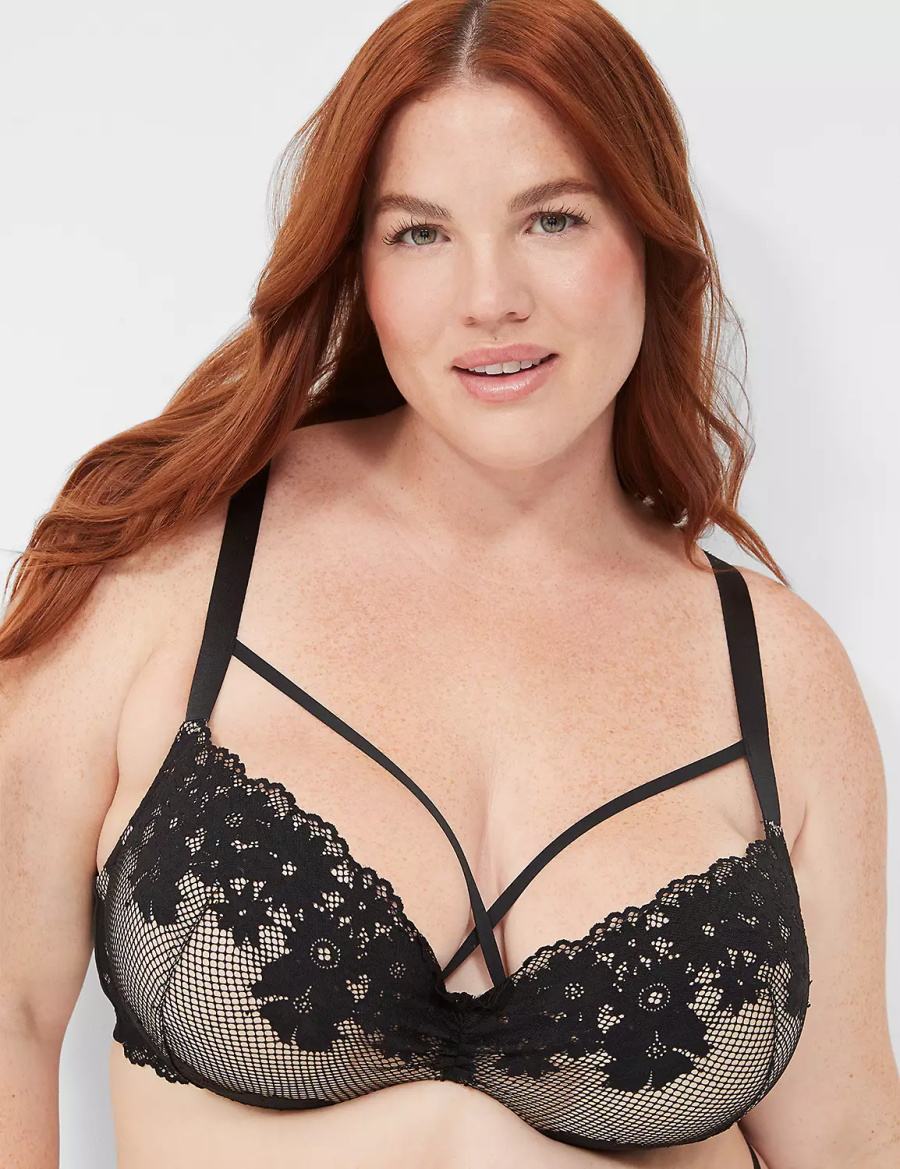 Black Lane Bryant Fishnet Lace Max Boost Plunge Women Bralettes | UEH5198WY