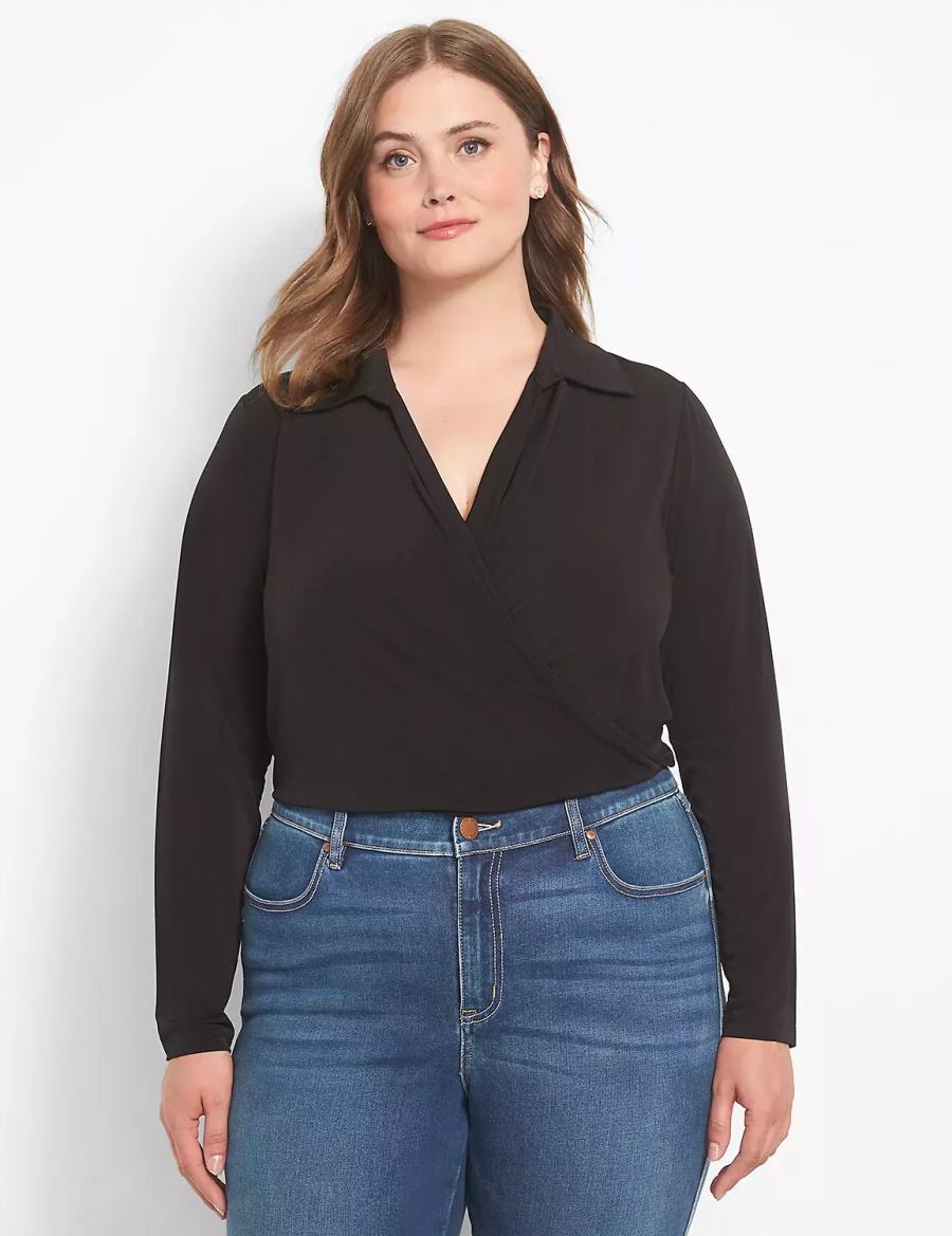 Black Lane Bryant Fitted Long-Sleeve Surplice Collar Crop Women Shirts | XAQ2256FD