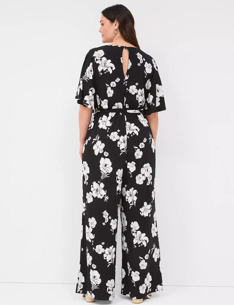 Black Lane Bryant Flutter-Sleeve Wide Leg Jersey Women Jumpsuit | NMR9776RV