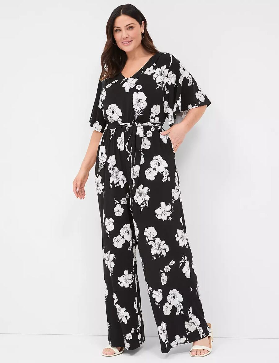 Black Lane Bryant Flutter-Sleeve Wide Leg Jersey Women Jumpsuit | NMR9776RV