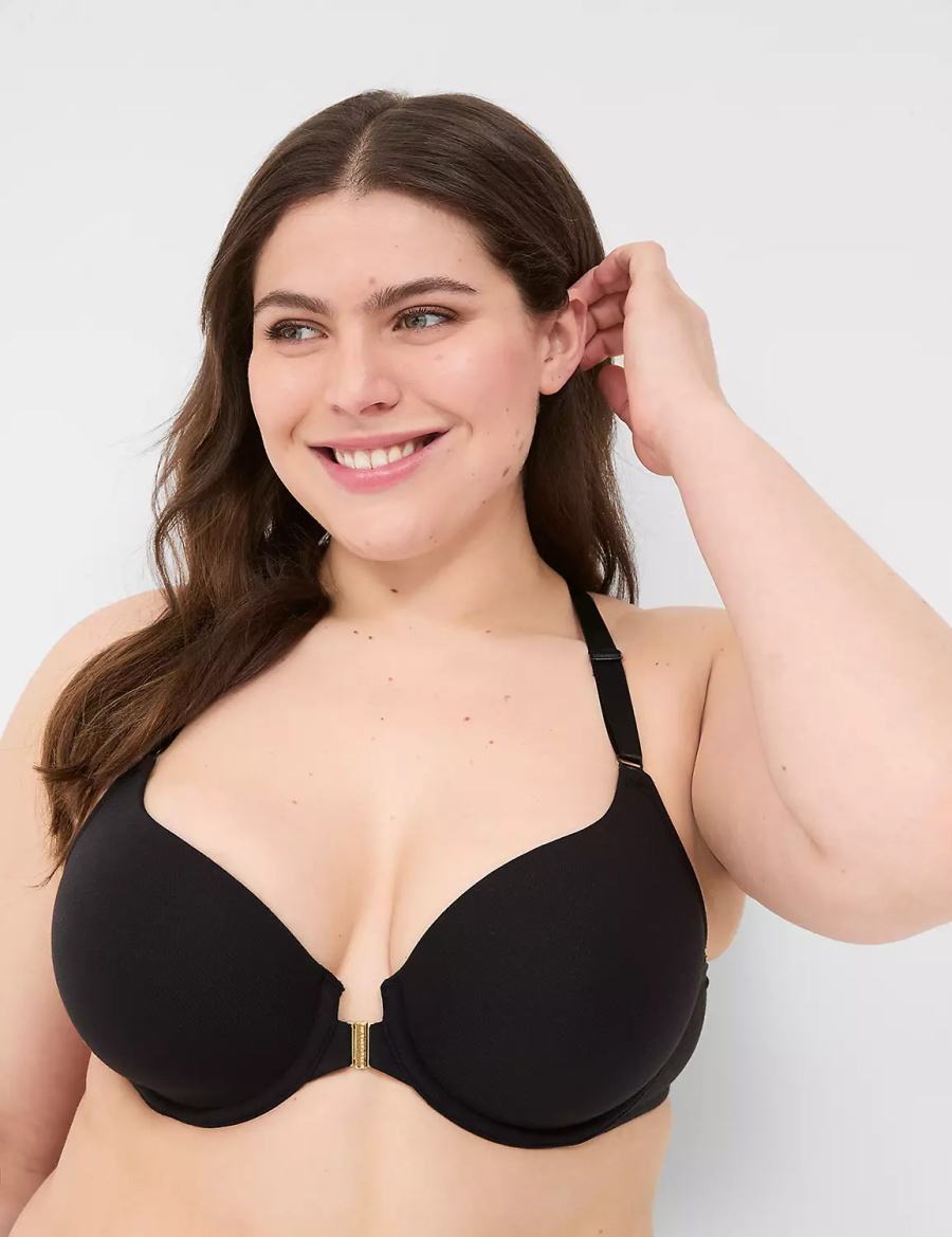 Black Lane Bryant Front-Close Cotton Lightly Lined Women T-Shirt Bra | WFR9154EW