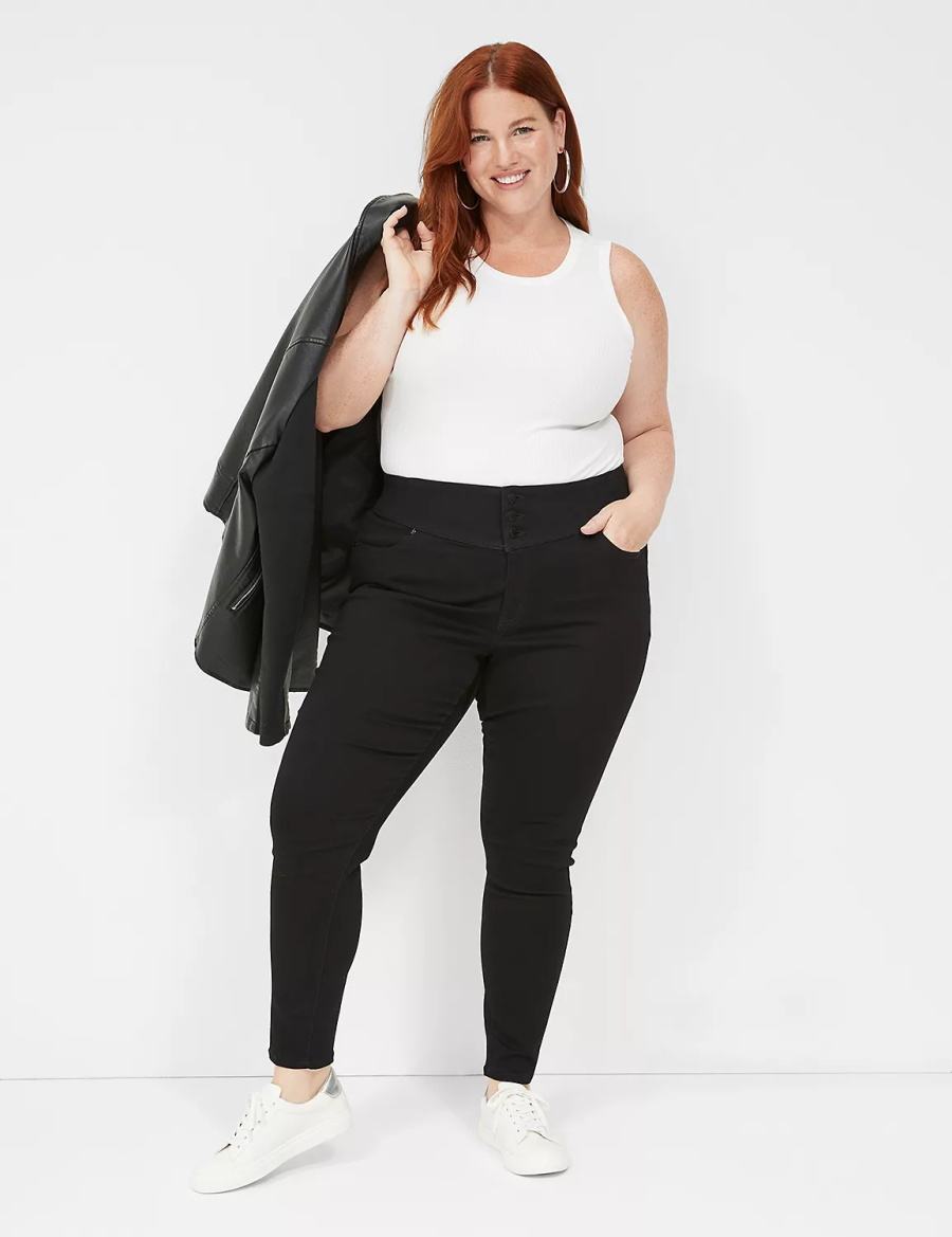 Black Lane Bryant High-Rise Sateen 3-Button Women Jeggings | LRL5378XY