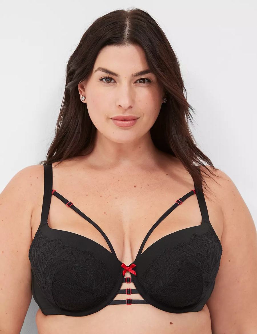 Black Lane Bryant Lace-Trim Lightly Lined Women Balconette Bra | KTJ4479WF