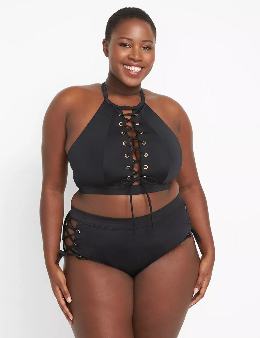 Black Lane Bryant Lace-Up High-Waist Swim Women Briefs | NKA3689GM