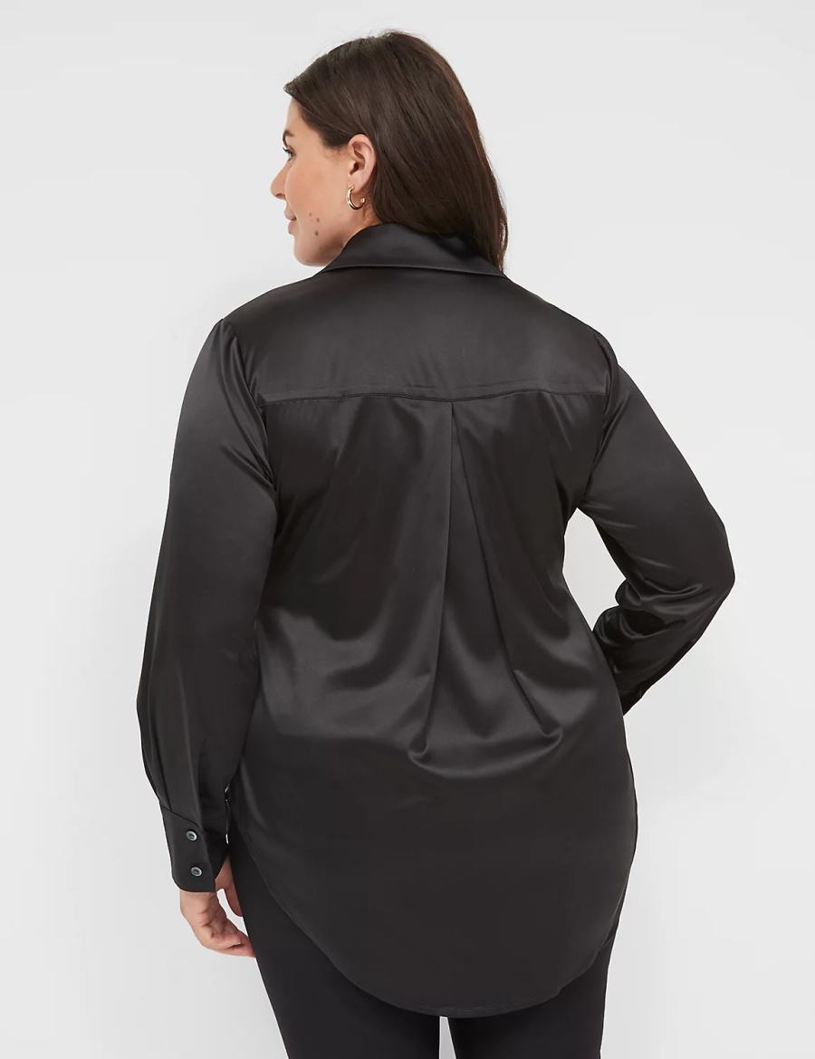 Black Lane Bryant Long-Sleeve Button-Down Satin Women Shirts | FPX3961OS